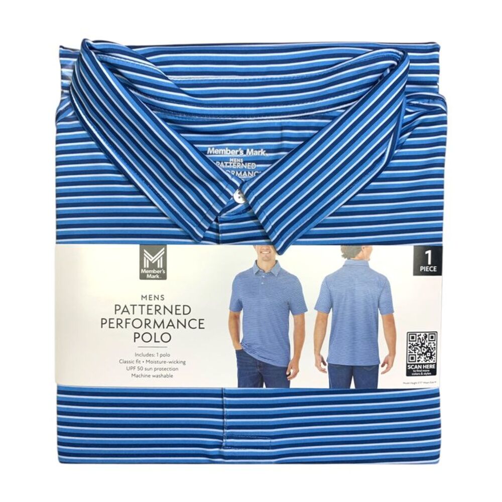 Blue - Member's Mark Mens Patterned Performance Polo, Classic Fit, Moisture-Wick